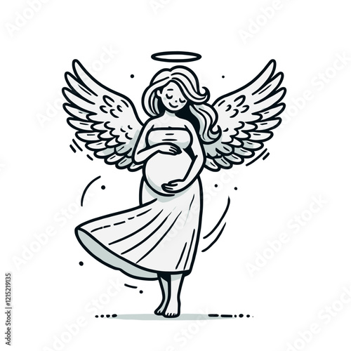 Standing pregnant angel with wings and halo, symbolizing maternity and divine blessing. Isolated vector illustration perfect for spiritual and family themes.