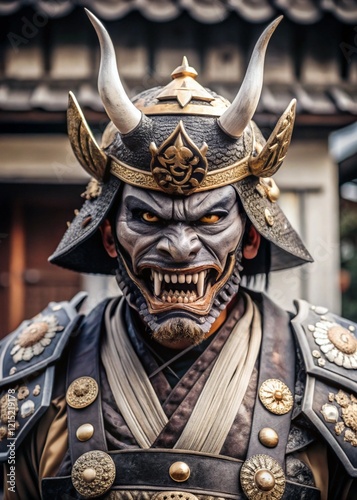 A fierce samurai in a demon mask, representing the strength and mystery of Japanese mythology

