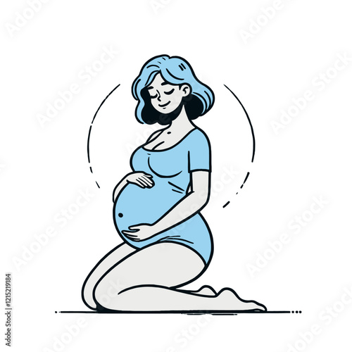 Happy pregnant woman sitting on her knees, gently holding her belly with a loving smile. Isolated vector illustration ideal for maternity, health, and family design themes.