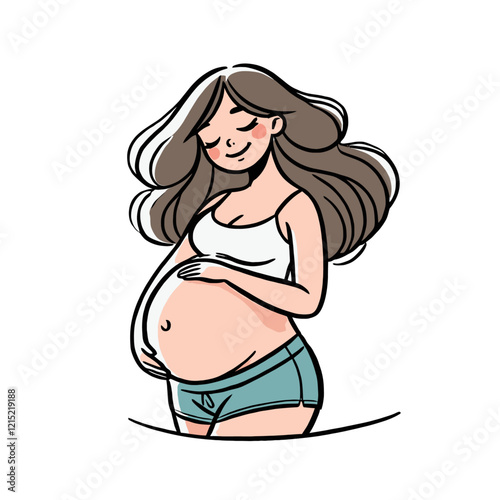 Happy pregnant woman with long hair in comfortable clothes, symbolizing joyful maternity and anticipation. Isolated vector illustration for lifestyle and family topics.