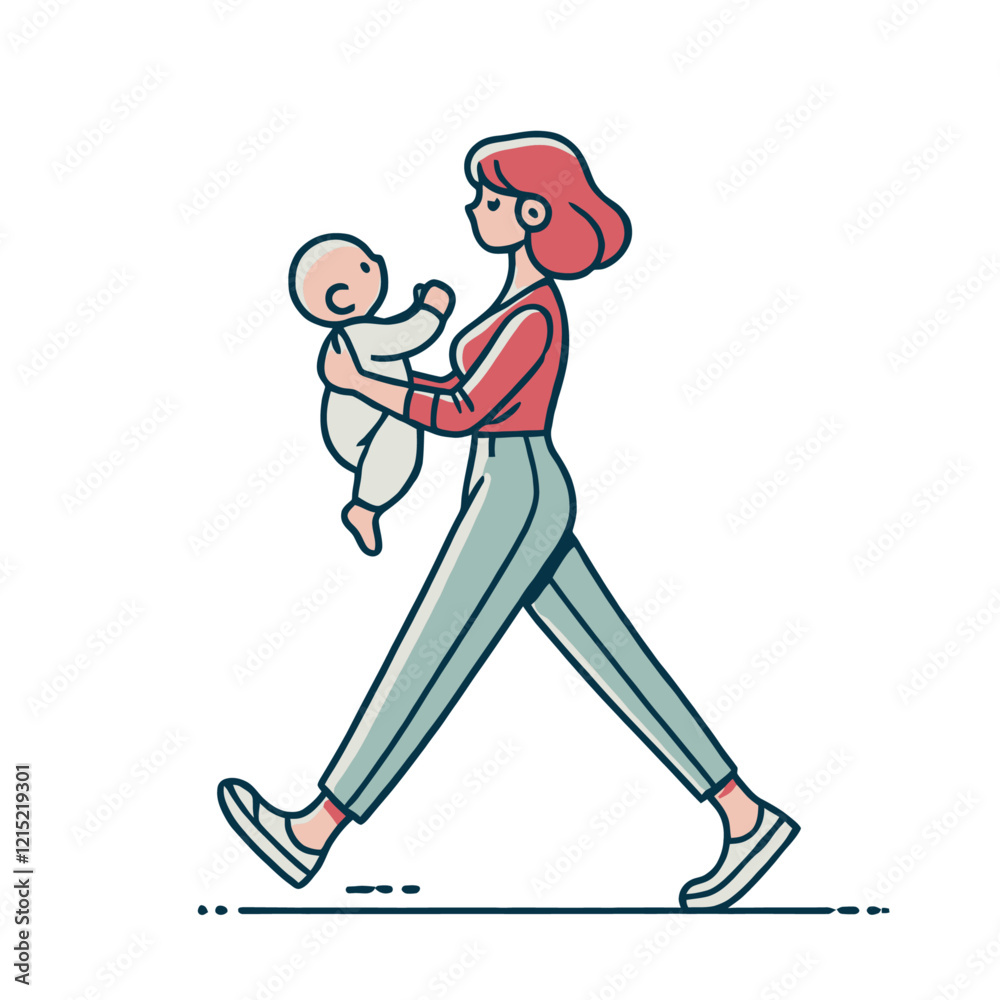 A minimalistic vector illustration of a mother walking with her baby in her arms. Perfect for parenting concepts, motherhood themes, and childcare promotions. Isolated vector illustration. A minimalistic vector illustration of a mother walking with her baby in her arms. Perfect for parenting concepts, motherhood themes, and childcare promotions. Isolated vector illustration.