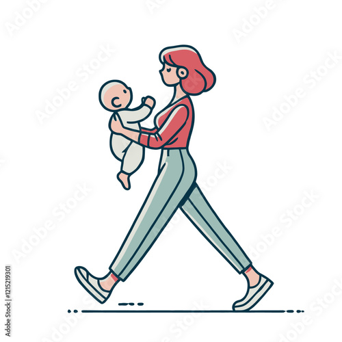 A minimalistic vector illustration of a mother walking with her baby in her arms. Perfect for parenting concepts, motherhood themes, and childcare promotions. Isolated vector illustration.