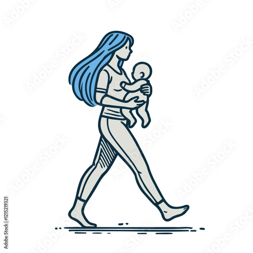 A young mother in a casual outfit walking barefoot while cradling her baby lovingly. Isolated vector illustration depicting motherhood, maternal care, and family love.