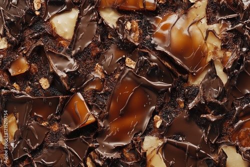 A detailed close-up of a rich texture combining melted chocolate, caramel swirls, and toffee shards, creating a decadent and indulgent surface photo