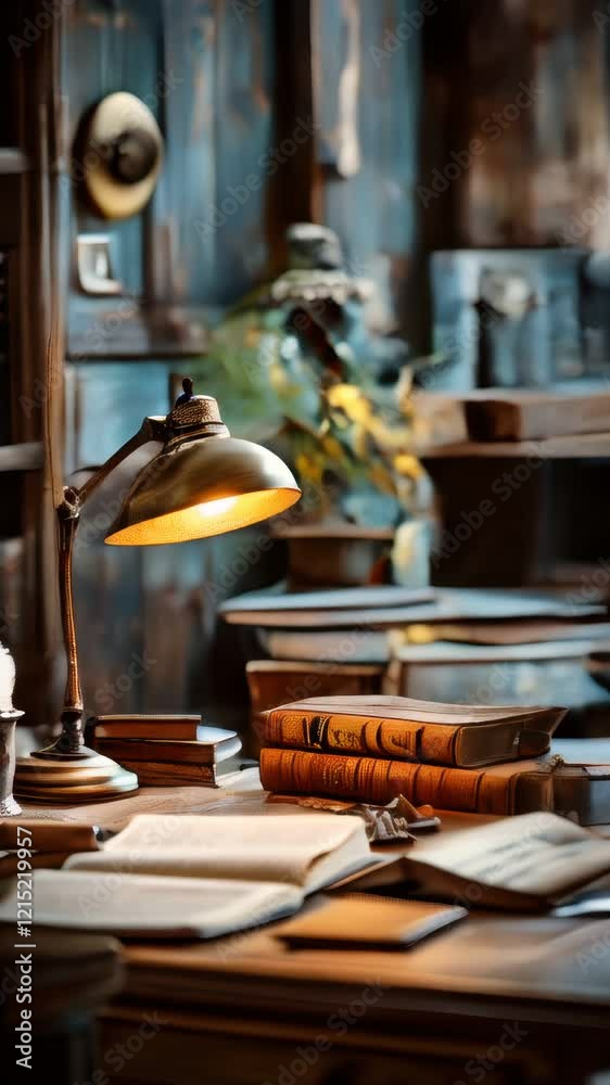 There is a desk with a lamp and books on it There is a desk with a lamp and books on it