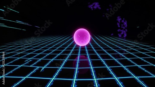 Grid-based Video Game Environment with Floating Pink Ball, Dark Cybernetic Backdrop for Curiosity and Interaction