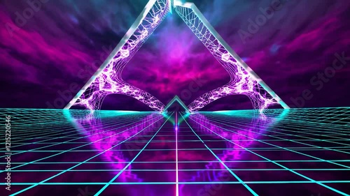 Futuristic Pyramid Artwork with Holographic Triangle Structure, Neon Purple & Pink Colors, Grid Background for Digital Art or Sci-fi Visual