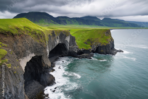 Dramatic waves hitting rugged coastal cliffs under a cloudy sky.