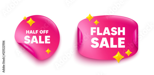 Half off sale sticker tag. Flash offer paper price banner. Half off sale. Special offer price sign. Advertising discounts symbol. Discount sticker with 3d glitter. Vector