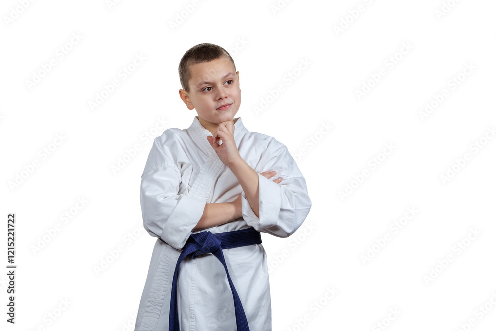 Thoughtful boy athlete with blue belt on white isolated background Thoughtful boy athlete with blue belt on white isolated background