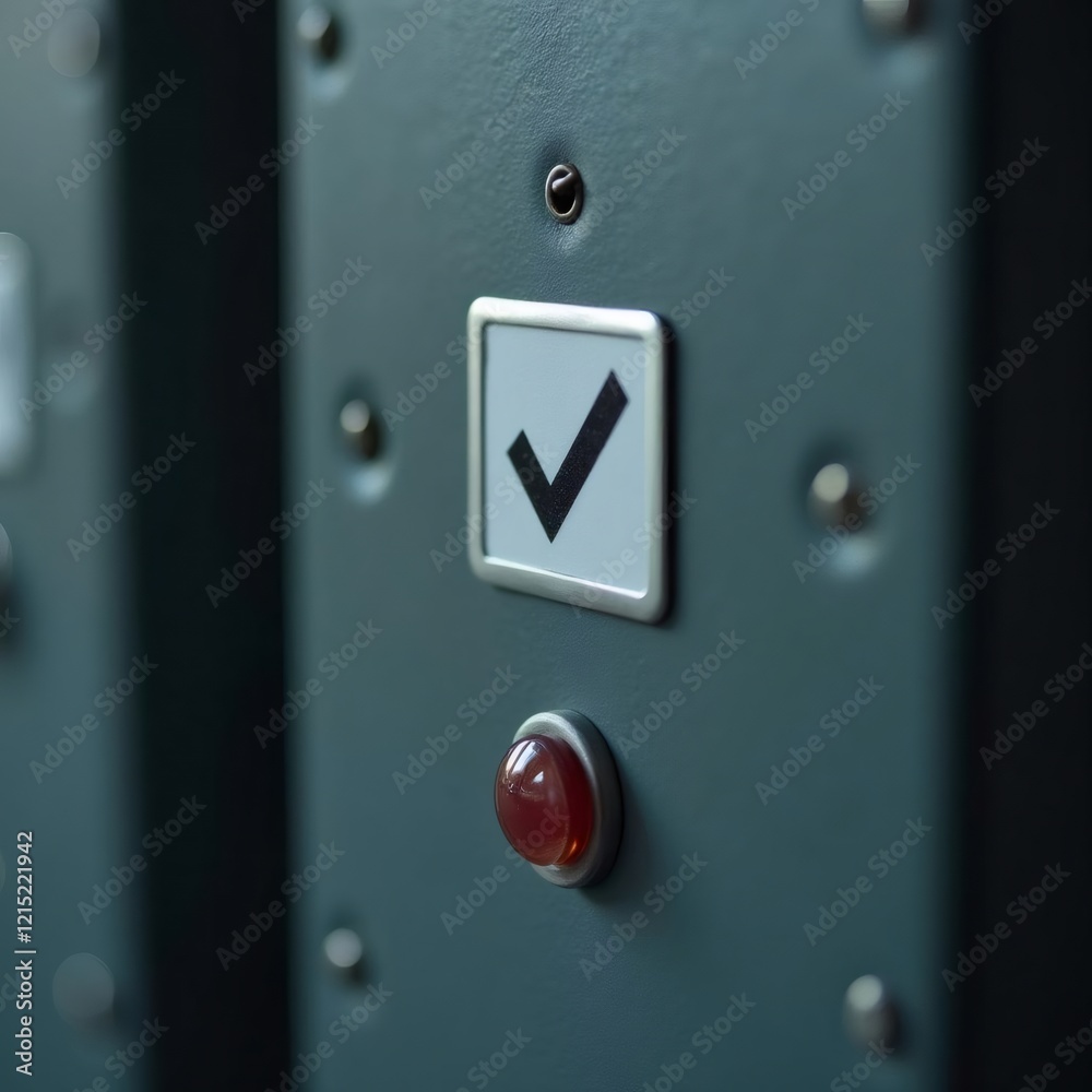 A Metallic Panel with a Check Mark and Illuminated Red Button A Metallic Panel with a Check Mark and Illuminated Red Button