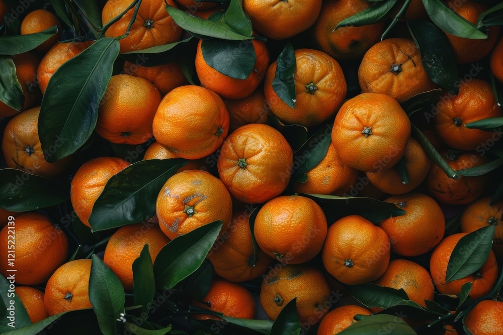 Ripe tangerines with green leaves create a colorful and textured display Ripe tangerines with green leaves create a colorful and textured display