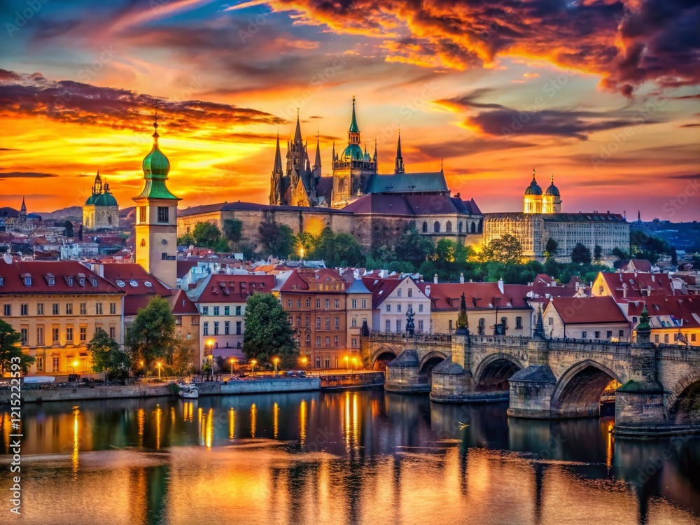 Fototapeta premium Prague Skyline Panorama: City of a Hundred Spires at Golden Hour