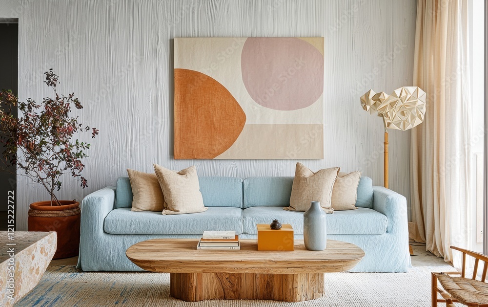 Fototapeta premium Bright Scandinavian-inspired interior with a light blue linen sofa, a natural wood coffee table, and geometric wall art, bathed in soft daylight
