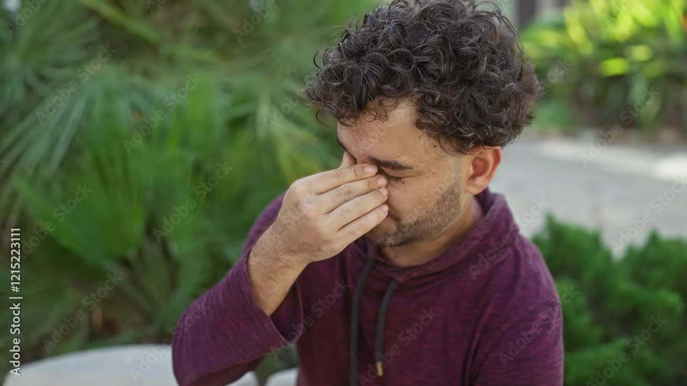 Young man appears stressed in an urban park with greenery surrounding him, wearing a maroon hoodie, shows a moment of exhaustion in the city outdoor setting. Young man appears stressed in an urban park with greenery surrounding him, wearing a maroon hoodie, shows a moment of exhaustion in the city outdoor setting.