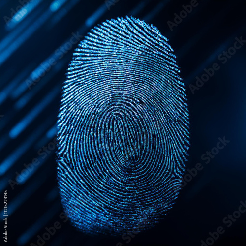 Blue abstract fingerprint, dark background. Biometric identification identity for forensic purposes. photo