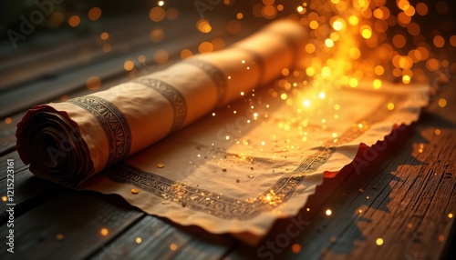 Ancient scroll with antique symbols unrolls on weathered wooden table. Magical golden sparks surround mystical parchment. Mystic prophecy unfolds in antique book. Historic research, vintage theme. photo