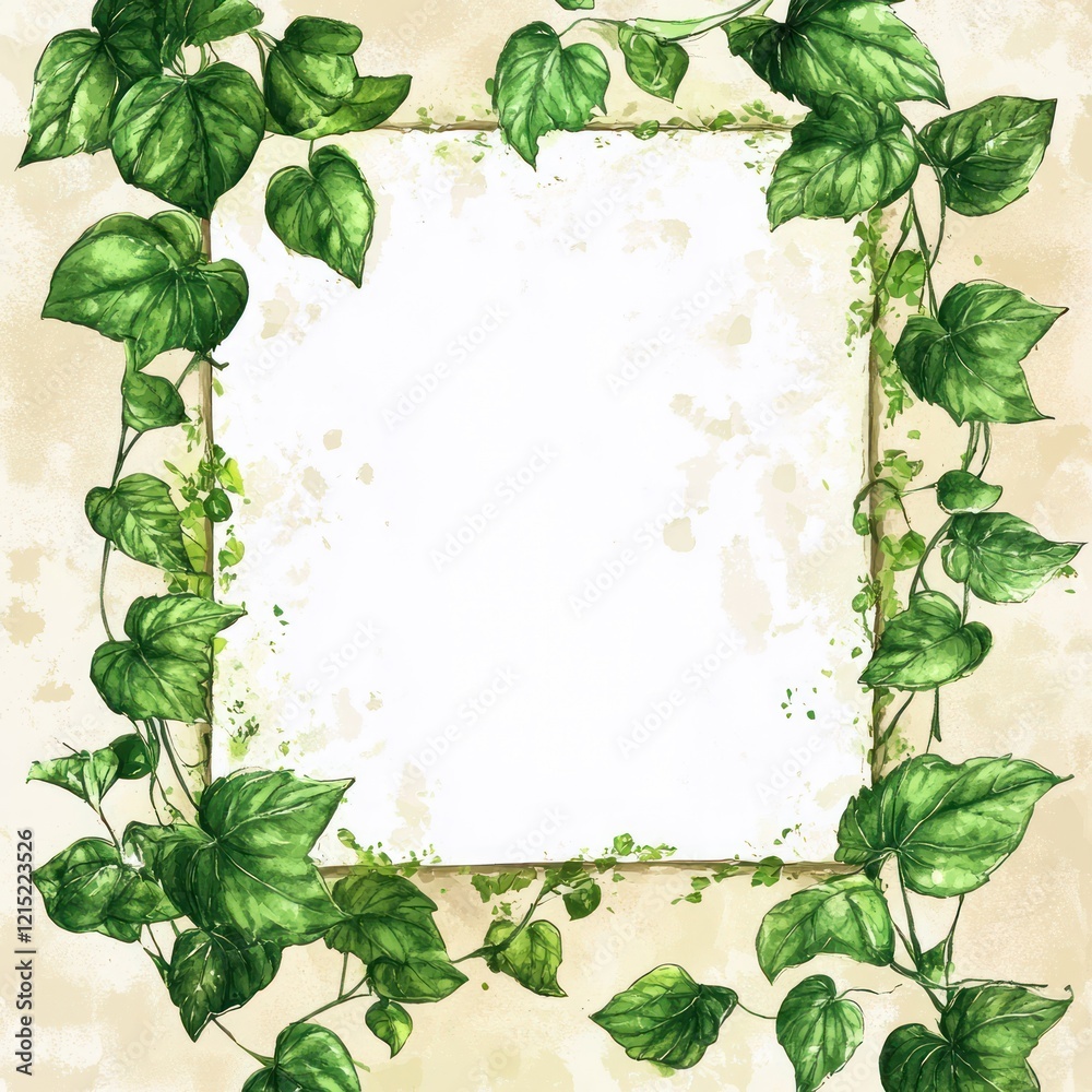 Fototapeta premium Green Leaves Frame A Blank Watercolor Background