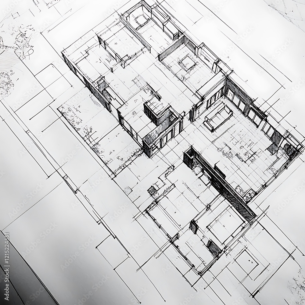 Fototapeta premium Architectural workspace featuring illuminated drafting desk with detailed building plans image