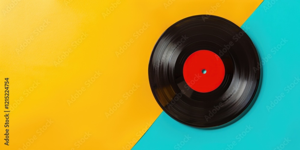 A black record with a red label sits on a yellow background. The record is surrounded by a blue border A black record with a red label sits on a yellow background. The record is surrounded by a blue border