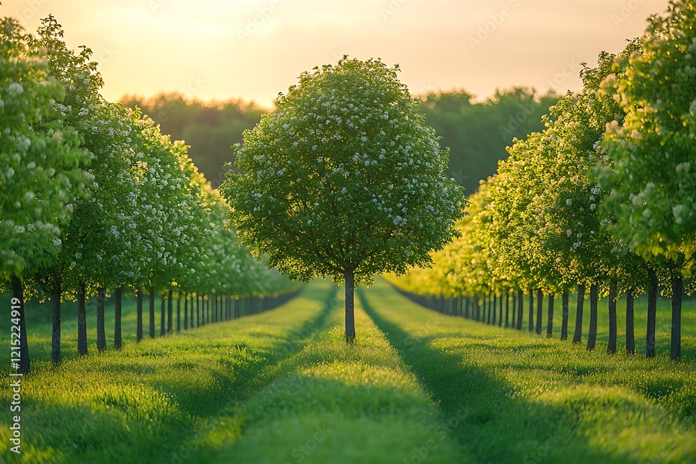 Fototapeta premium Blossoming Tree Stands Tall Amongst Rows Of Trees
