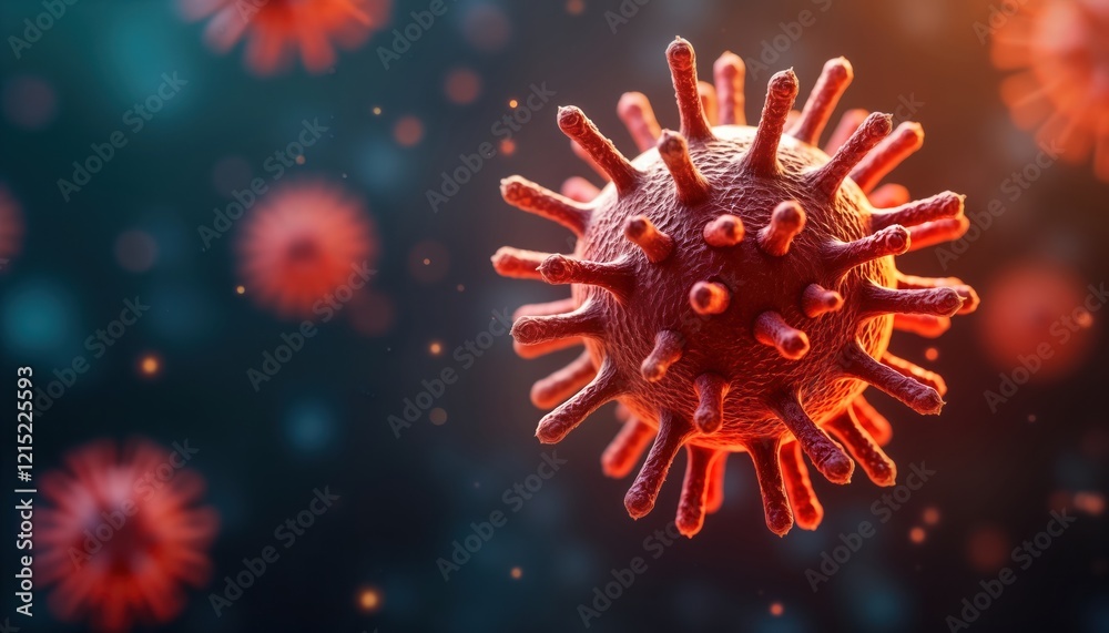 Fiery glowing virus particle against dark background. Microscopic view of contagious microorganism. Conceptual illustration of virus particle. Infectious disease concept for healthcare, science Fiery glowing virus particle against dark background. Microscopic view of contagious microorganism. Conceptual illustration of virus particle. Infectious disease concept for healthcare, science