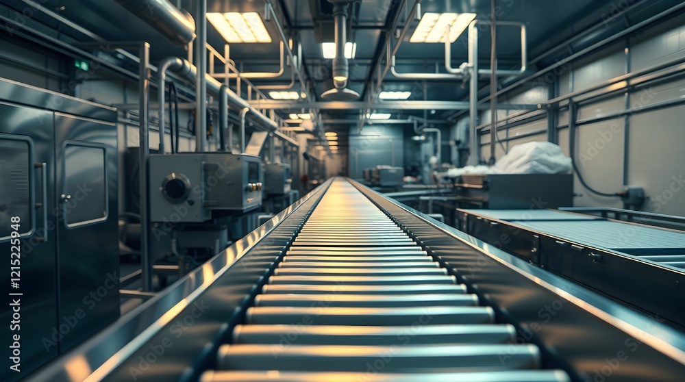 stock photo, intense dramatic lighting, soft pastel colors, depicting stainless steel conveyor belts in a modern food processing plant.