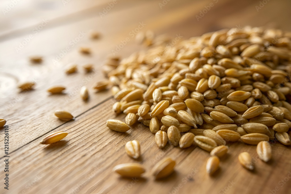 Fototapeta premium A pile of golden grains scattered on a wooden surface, showcasing the texture and color of wheat seeds.