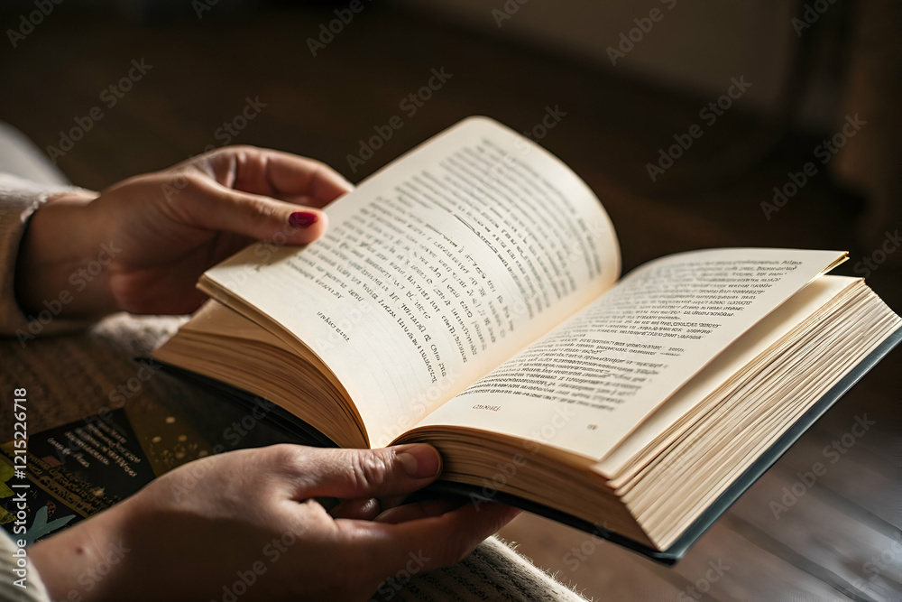 Fototapeta premium A person holds an open book, displaying multiple pages, with a cozy setting that suggests reading and relaxation.