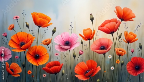 Vibrant colorful flowers in oil painting style. Beautiful floral artwork with various flowers like poppies, small blossoms. Image shows detailed flower petals, stems. Artistic creation offers sense photo