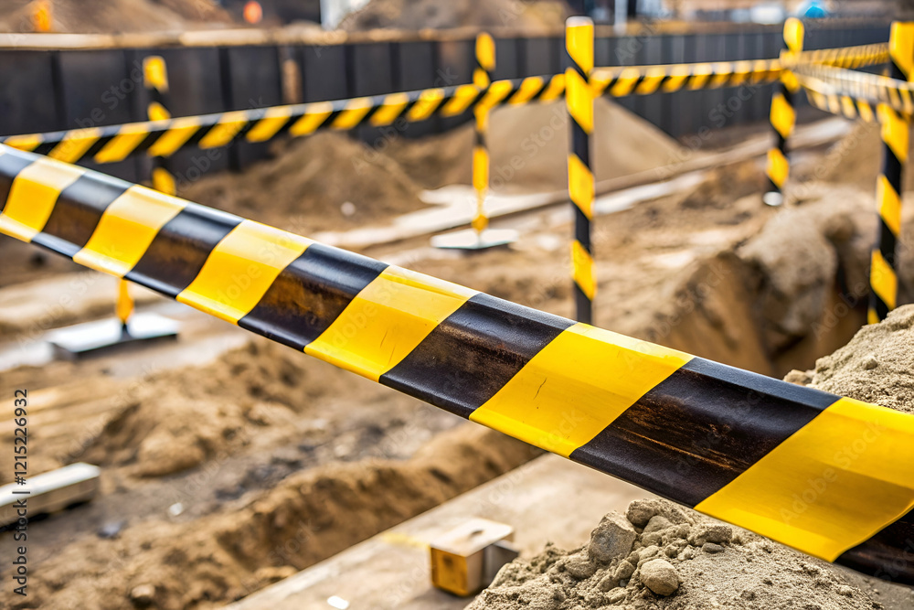 A construction site with yellow and black caution tape marking off a dug-up area, indicating ongoing work and safety precautions.