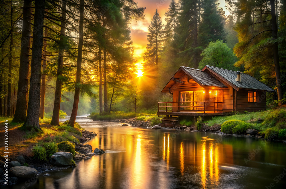 A cozy cabin by a tranquil river, surrounded by tall trees, illuminated by a warm sunset glow. A cozy cabin by a tranquil river, surrounded by tall trees, illuminated by a warm sunset glow.