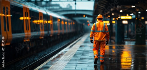 Railway worker inspecting tracks iron rails inspecting carriages rear view photo