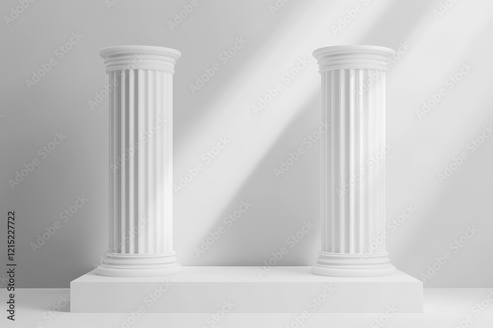 White columns, pedestal, sunlit studio, product display (1) White columns, pedestal, sunlit studio, product display (1)
