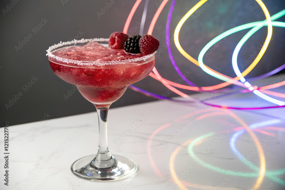 A vibrant raspberry cocktail in a chilled glass, garnished with berries, set against a colorful light backdrop. A vibrant raspberry cocktail in a chilled glass, garnished with berries, set against a colorful light backdrop.