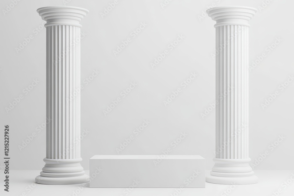 White columns flanking platform, studio backdrop, product display White columns flanking platform, studio backdrop, product display