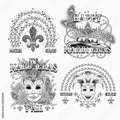 Carnival Mardi Gras labels with masquerade masks, beads, feathers, text. Black and white vintage illustrations on white background. For prints, clothing, t shirt, holiday goods design