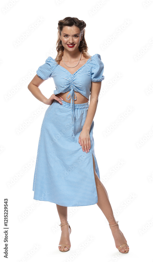 Happy pin-up woman posing on white background Happy pin-up woman posing on white background