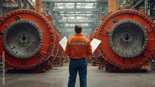 Engineer at Industrial Facility: Back view of a technical worker holding blueprints, surveying pipelines and large equipment at a factory site. photo