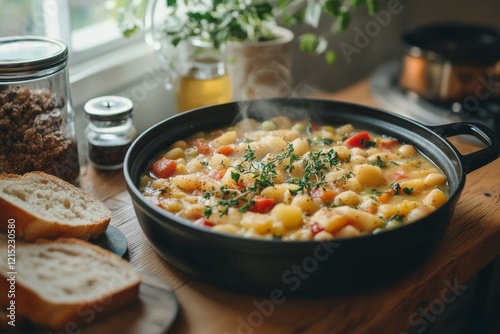 A rustic Irish stew simmering in a black pot, garnished with fresh thyme, accompanied by slices of bread on a wooden table photo