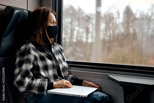 Thoughtful Woman Looking Out Train Window photo