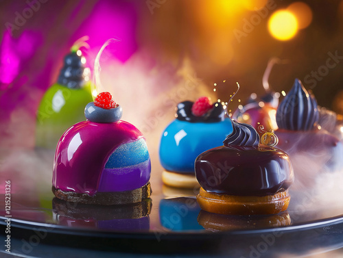 pastry artistry in progress, featuring deep purples, electric blues, and neon greens in layered cakes, éclairs, and glossy domes, highlighted by dramatic lighting and intricate textures photo