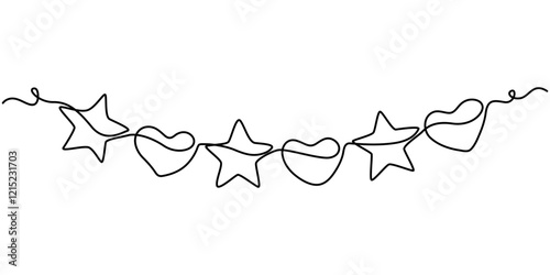 Pink and red heart garland thin line drawing, Hearts bunting continuous line drawing, Valentine's Day Heart Doodle Single Continuous Thin Line Drawing Border, Heart Christmas light. One line garlannd.
