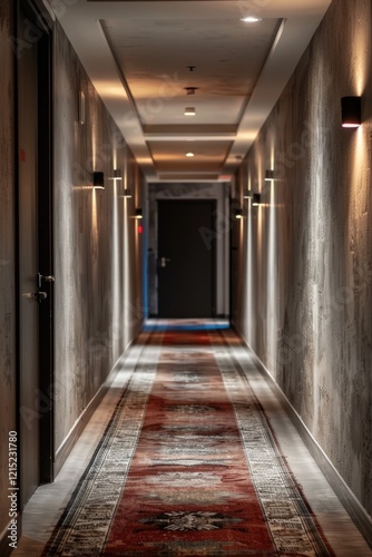 The hallway of a hotel, featuring modern decor and access to the rooms with neatly maintained floors.