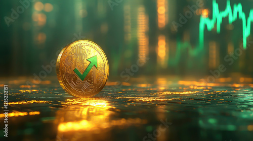 A golden coin featuring a green upward arrow is positioned prominently, representing progress in the realms of business and cryptocurrency investment photo