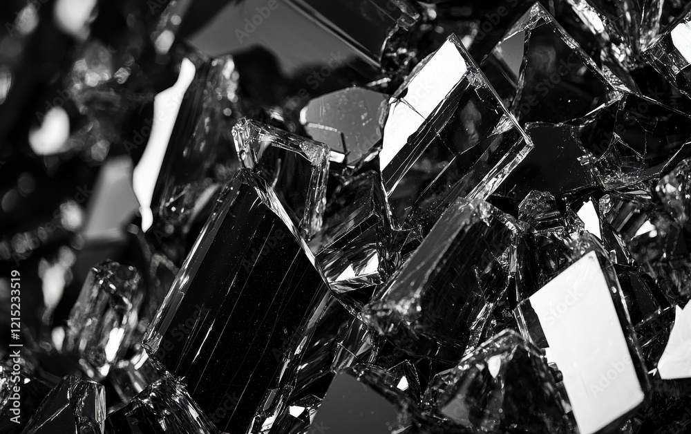 Macro of shattered glass fragments with sharp edges and reflections Macro of shattered glass fragments with sharp edges and reflections