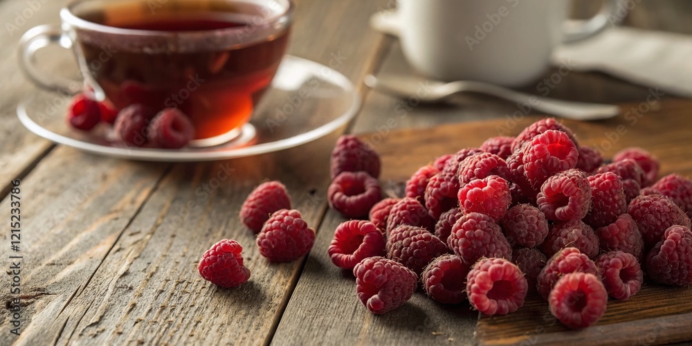 Macro Photo: Freeze-Dried Raspberries & Tea on Wooden Table Macro Photo: Freeze-Dried Raspberries & Tea on Wooden Table