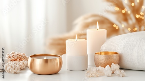 A serene arrangement of candles and decorative objects on a white surface, featuring glowing golden candlelight, soft textures, and neutral tones. Perfect for promoting relaxation photo