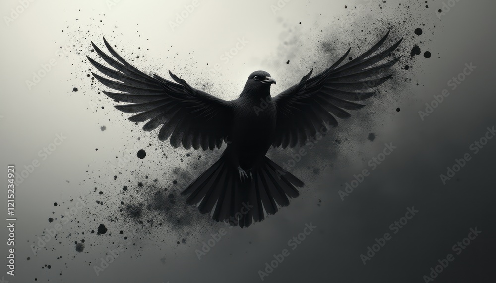Obraz premium A striking black bird with outstretched wings is captured mid-flight, surrounded by a swirling cloud of dark particles. This powerful image evokes a sense of freedom and strength, symbolizing