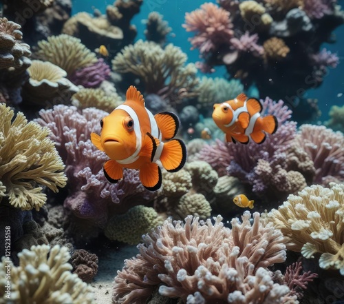 Clownfish interacting with other fish in the coral reef , oceanic ecosystem, clownfish